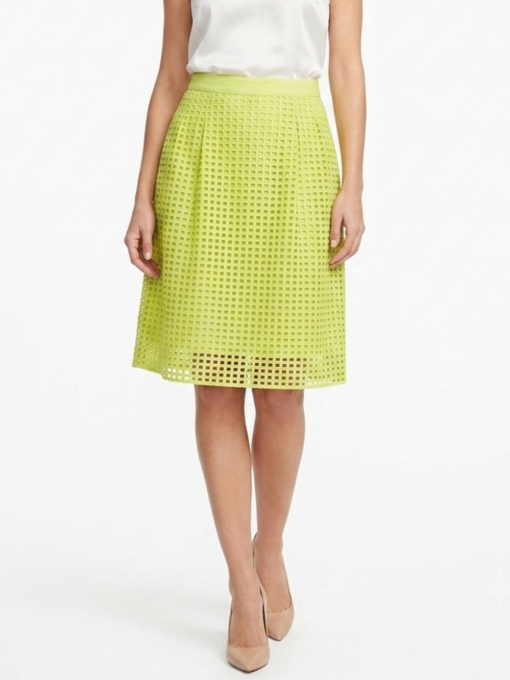 Ann Taylor Loft Cotton Yellow Chartreuse Eyelet Midi Skirt Size 10